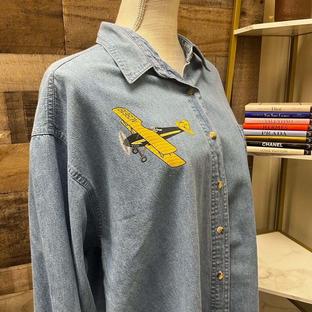 Vintage Faded Gear Chambray Button Down w/ Plane Cartoons